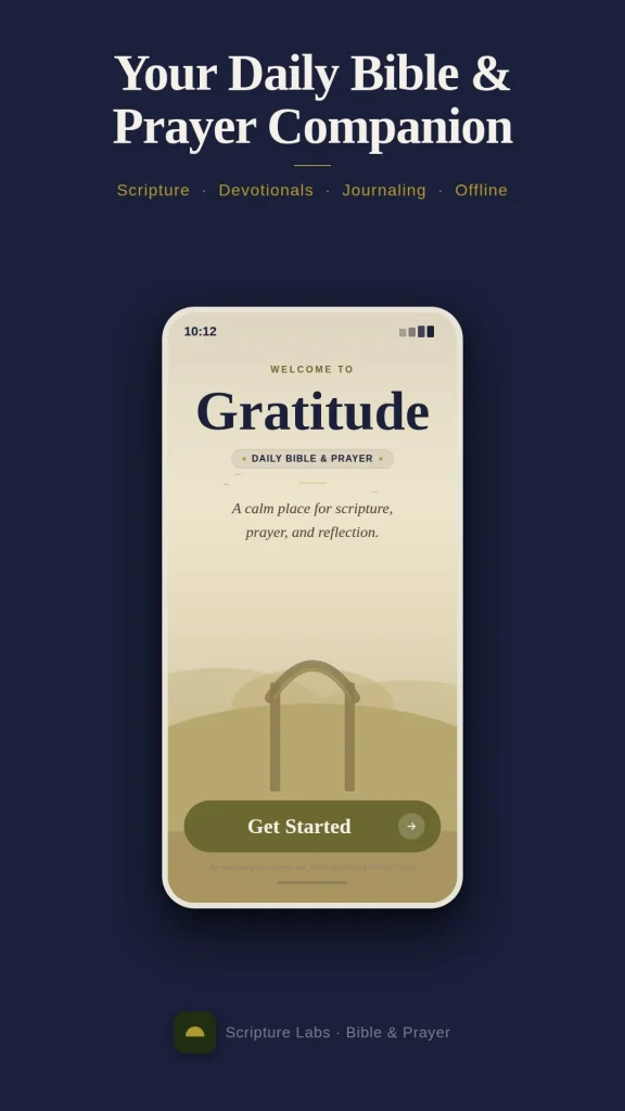 Gratitude app welcome screen showing the daily Bible and prayer companion