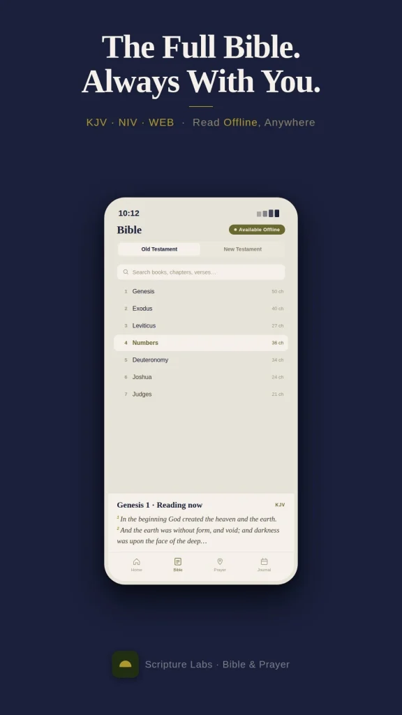 Full Bible screen showing Old and New Testament book list with offline availability badge