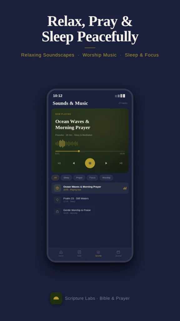Sounds and music screen showing Ocean Waves and Morning Prayer soundscape playing with track list